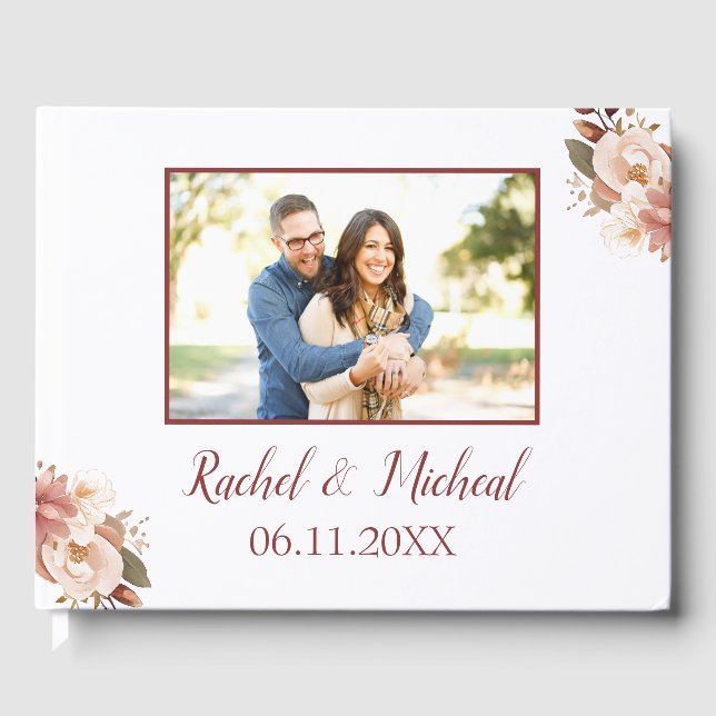 Livro De Visitas Linda Foto de Casamento Floral (Frente)