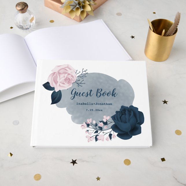 Livro De Visitas lindas flores botânicas azul marinho e rosa (Frente aberta)