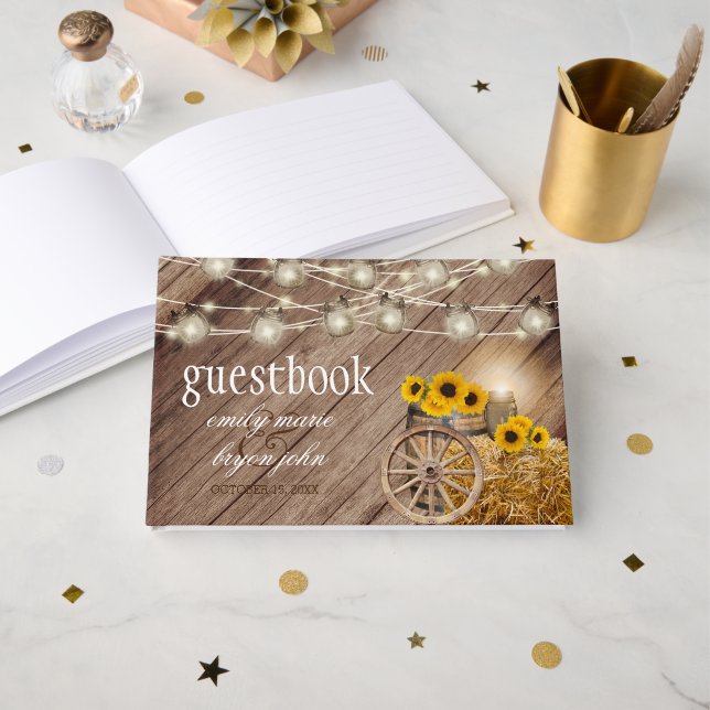 Livro De Visitas Lindo barril de madeira russa com girassóis (Frente aberta)