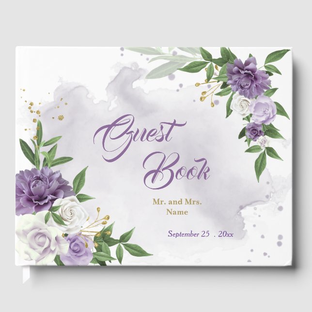 Livro De Visitas lindos tons roxos flores verdes (Frente)