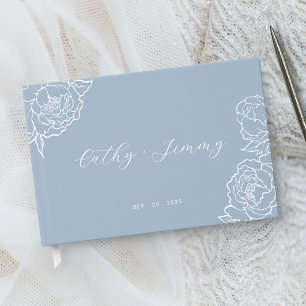 Livro De Visitas Linha de Arte de Peônia Casamento Azul Empoeirado