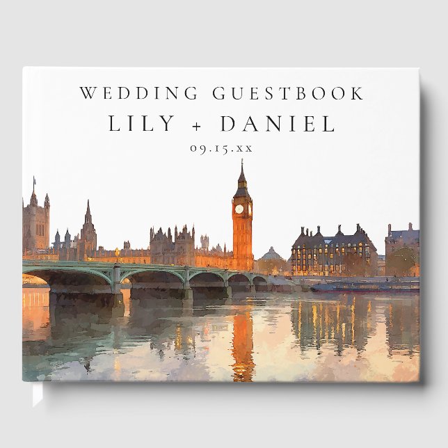 Livro De Visitas London Skyline Watercolor Wedding (Frente)