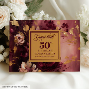 Livro De Visitas Lovely Boho Maroon Blush Dourado Floral 50º Aniver