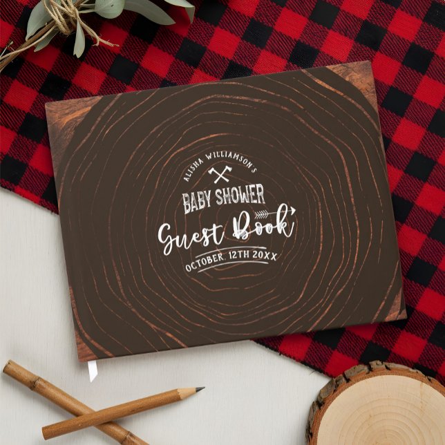 Livro De Visitas Lumberjack Chá de fraldas Madeira e Xadrez Red Buf (Lumberjack Baby Shower Wood & Red Buffalo Plaid Guest Book)