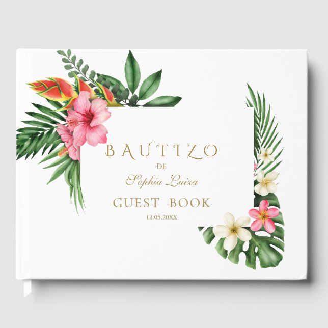 Livro De Visitas Lush Tropical Garden Flowers Bloom Bautizo (Frente)