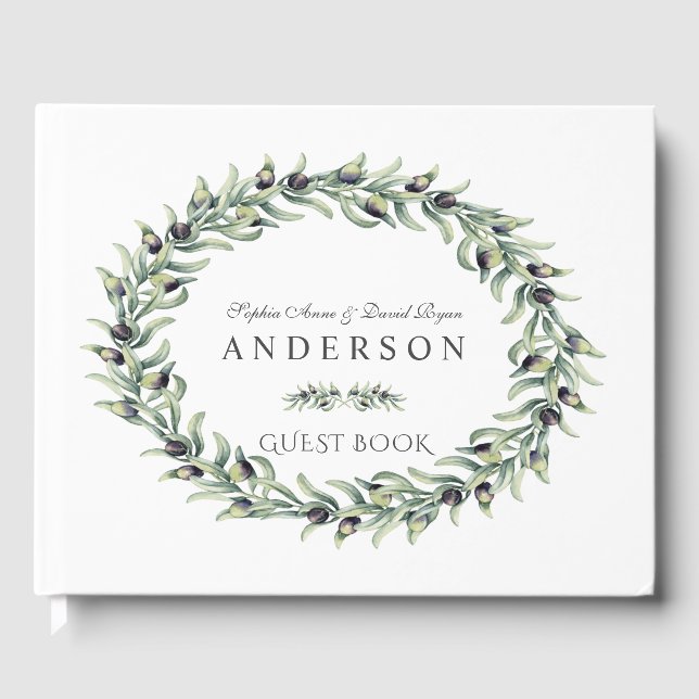 Livro De Visitas Lush Watercolor Olive Branch Wreath Casamento (Frente)
