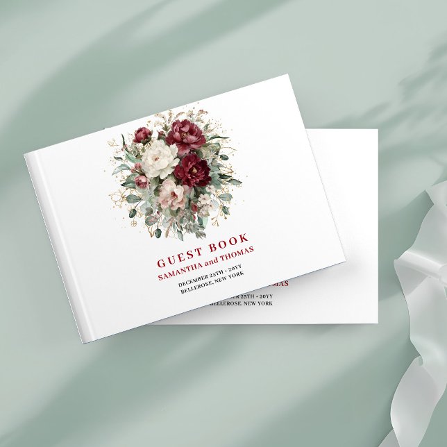 Livro de Visitas Luxuoso Flores Vermelhas Eucalipt (Luxury Deep Red Flowers Eucalyptus Gold Guest Book)