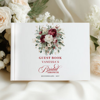 Livro De Visitas Luxuoso Vermelho Escuro Floral Dourado Convidado d