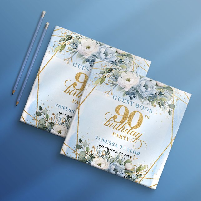 Livro De Visitas Luxury 90th Birthday Dusty Blue Floral Gold Frame  (Luxury 90th Birthday Dusty Blue Floral Gold Frame Guest Book

)