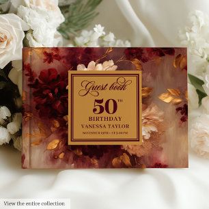 Livro De Visitas Luxury Boho Marsala Blush Dourado Floral 50 Aniver