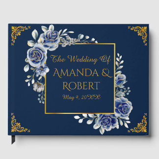 Livro De Visitas Luxury Navy and Gold Floral Wedding Guest Book