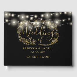 Livro De Visitas Luzes de Corda Florais Preto e Dourado Casamento