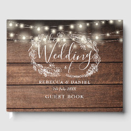 Livro De Visitas Luzes de Corda Floral Rústico Madeira Casamento