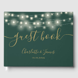 Livro De Visitas Luzes de Corda Verde Ouro Assinatura Casamento Scr