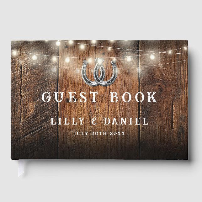 Livro De Visitas Luzes de Cordão com Ferraduras Rústicas em Madeira (Frente)