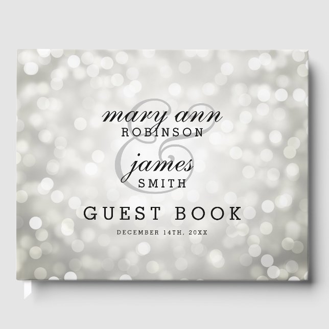Livro De Visitas Luzes de Silver Bokeh do Guestbook de Casamento (Frente)