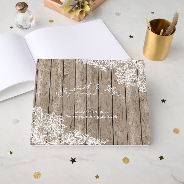 Livro De Visitas Madeira Rústica, Lace Elegante, Personalizada, (Frente aberta)