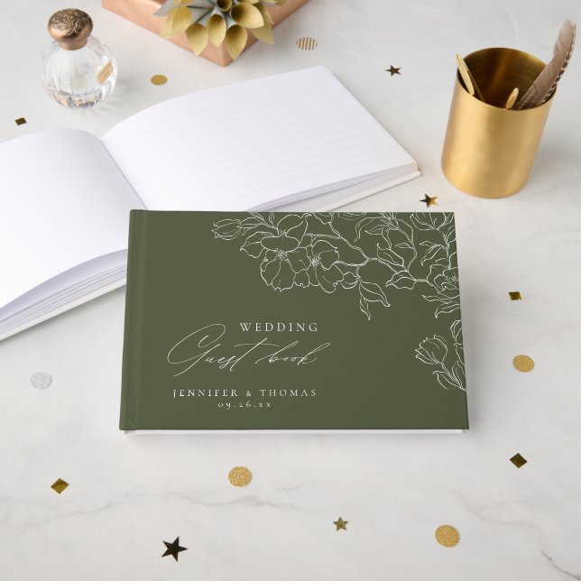 Livro De Visitas Mão elegante traçada floral, casamento verde (Frente aberta)
