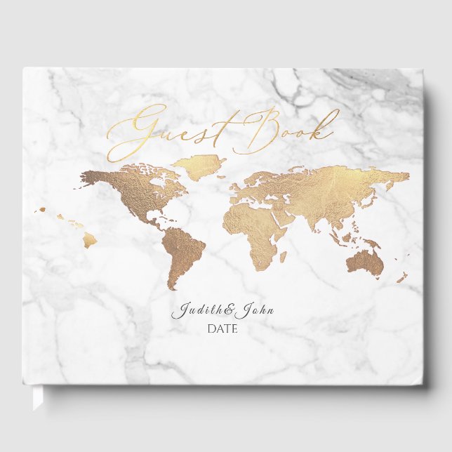 Livro De Visitas Mapa Mundial PixDezines, Faux Dourado + Marble (Frente)