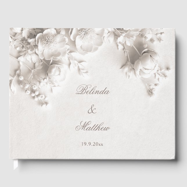 Livro De Visitas Marfim 3D Flores Rosas | Casamento (Frente)