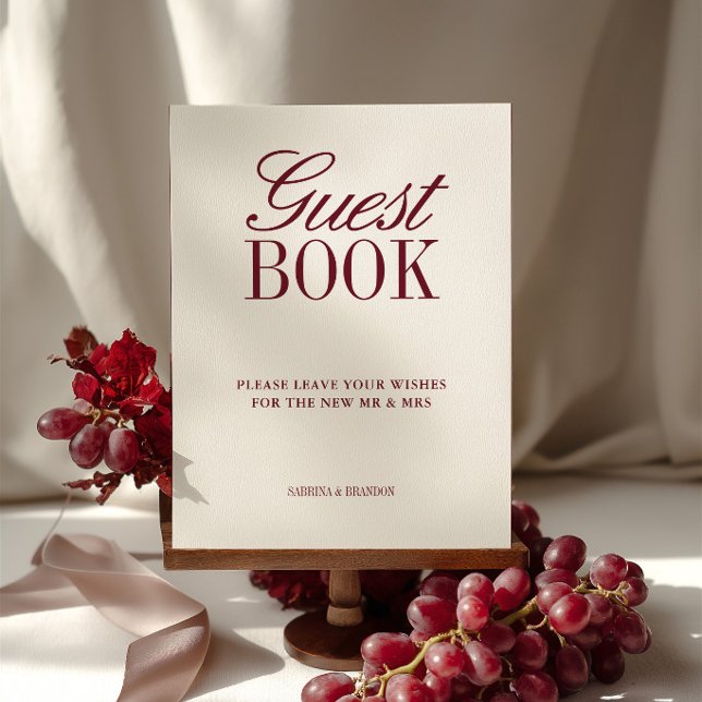 Livro de Visitas Marfim e Borgonha Sinal de Mesa d (Ivory & Burgundy Guest Book Wedding Tabletop Sign)