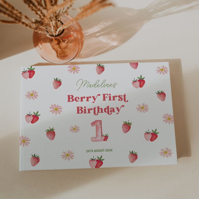 Livro De Visitas Margarida e Morango Cute Primeiro Aniversário (Berry Sweet First Birthday Guest Book featuring Adorable Paste Daises & Berries for a cute Keepsake)