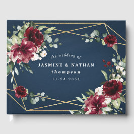 Livro De Visitas Marinho Azul Borgonha Blush Dourado Casamento Flor