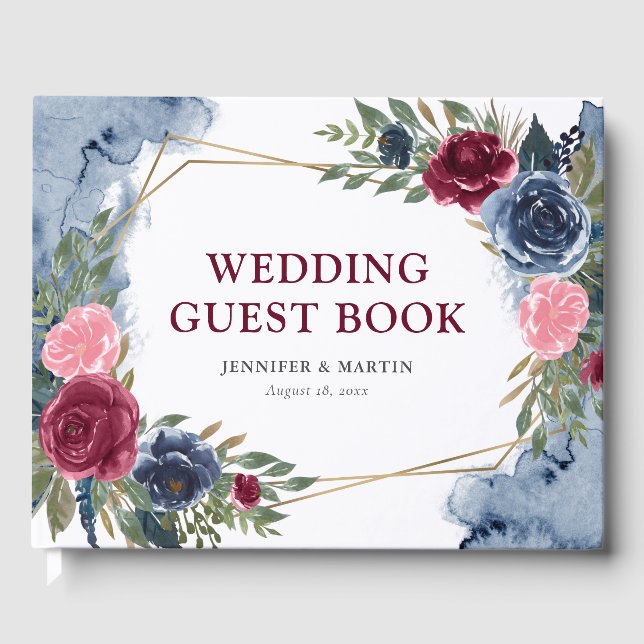 Livro De Visitas Marinho Azul Borgonha Dourada Casamento Geométrico (Frente)