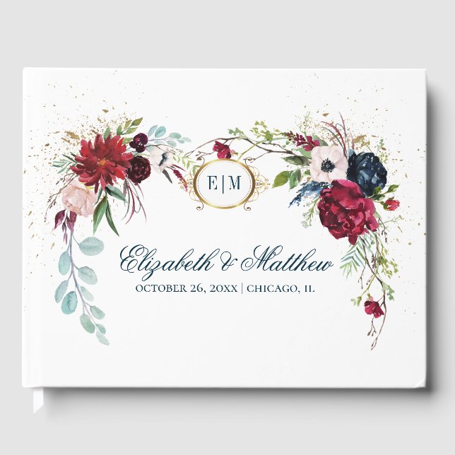 Livro De Visitas Marinho azul | Casamento Burgundy Bloom Watercolor (Frente)