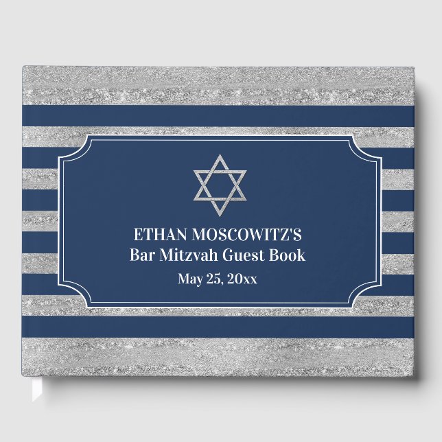 Livro De Visitas Marinho Azul, Cinza Stripes Bar Mitzvah (Frente)