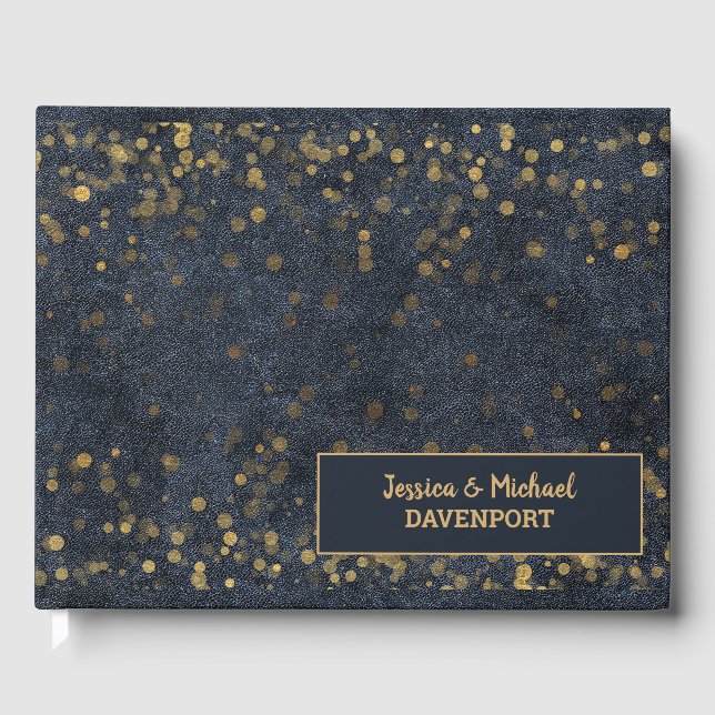 Livro De Visitas Marinho Azul Dourado Bokeh Wedding (Frente)