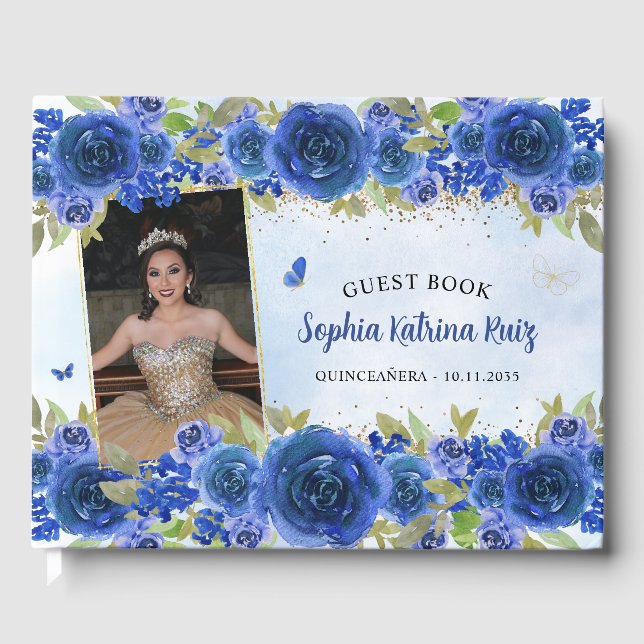 Livro De Visitas Marinho Azul Dourado Princesa Floral Quinceañera F (Frente)
