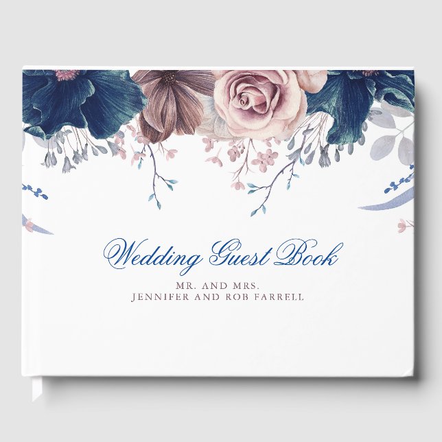 Livro De Visitas Marinho Azul e Mauve Floral Wedding (Frente)