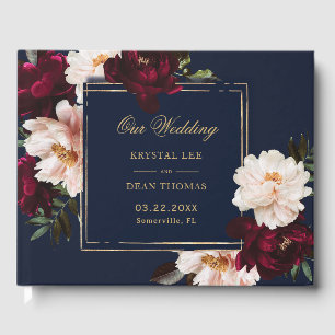 Livro De Visitas Marinho Azul-Floral -Blush Moody Burgundy Escuro