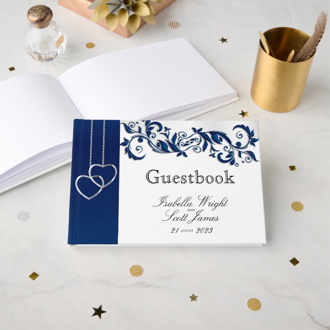 Livro De Visitas Marinho Azul Floral - Design Guestbook (Frente aberta)
