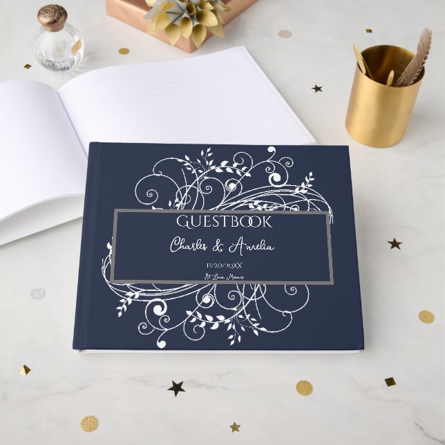 Livro De Visitas Marinho Azul Flourish Weding Guest Book (Frente aberta)