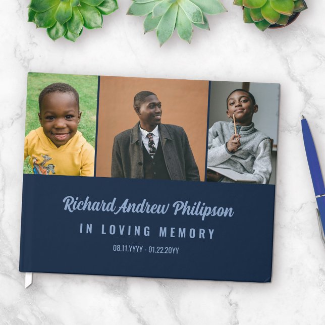 Livro De Visitas Marinho Blue Modern Script 3 Fotos Em Memória Ador (Criador carregado)