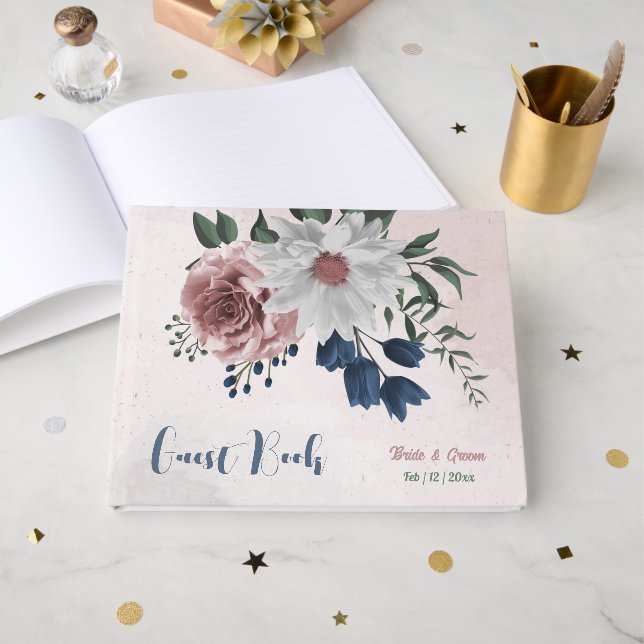 Livro De Visitas marinho branco rosa flores verdes casamento (Frente aberta)