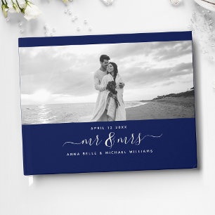 Livro De Visitas Marinho de Script Elegante Blue Photo Wedding