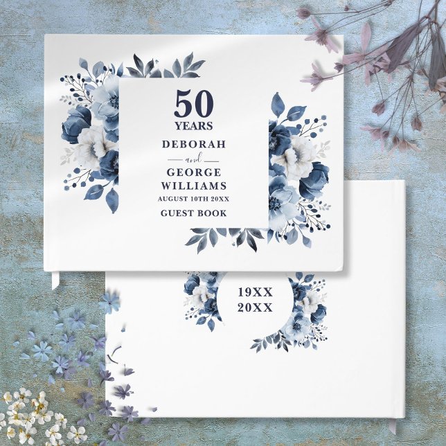 Livro De Visitas Marinho Elegante Azul Floral 50º Aniversário de Ca (Elegant Navy Blue Floral 50th Wedding Anniversary Guest Book)