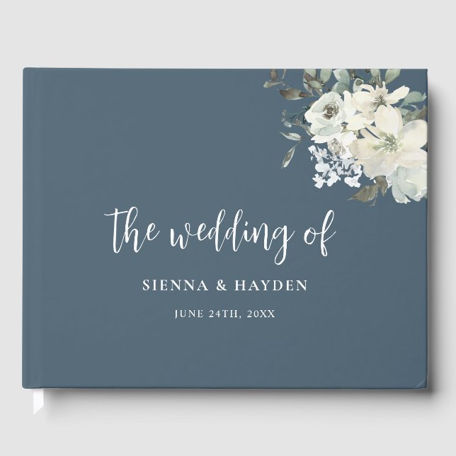 Livro De Visitas Marinho Elegante  Azul Ivory Casamento Floral (Frente)