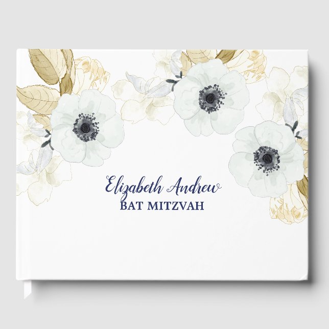 Livro De Visitas Marinho Elegante Bat Floral Azul Mitzvah (Frente)