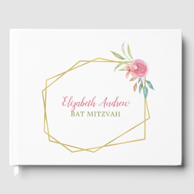 Livro De Visitas Marinho Elegante Bat Floral Azul Mitzvah (Frente)