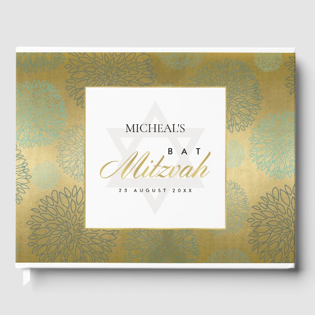 LIVRO DE VISITAS MARINHO ELEGANTE DOURADO DAHLIA FLORY BAR BAT MITZ (Frente)