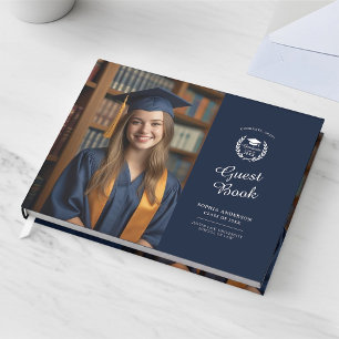 Livro De Visitas Marinho Elegante Moderno Azul com Duas Fotografias