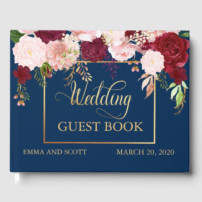 Livro De Visitas Marinho Guestbook Burgundy Flor Dourada (Frente)
