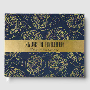LIVRO DE VISITAS MARINHO LUXE DOURADO KRAFT ELEGANTE CASAMENTO FLOR