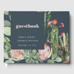 LIVRO DE VISITAS MARINHO PINK FLORAL DESERTO FOLIAGE WATERCOLOR