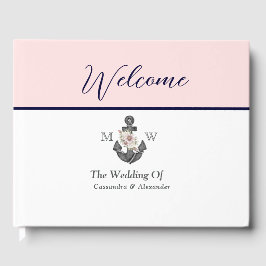 Livro De Visitas Marinho Rosa Náutico de Âncora Floral de Casamento