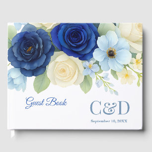Livro De Visitas Marinho Royal Bue Casamento Watercolor Flores De M